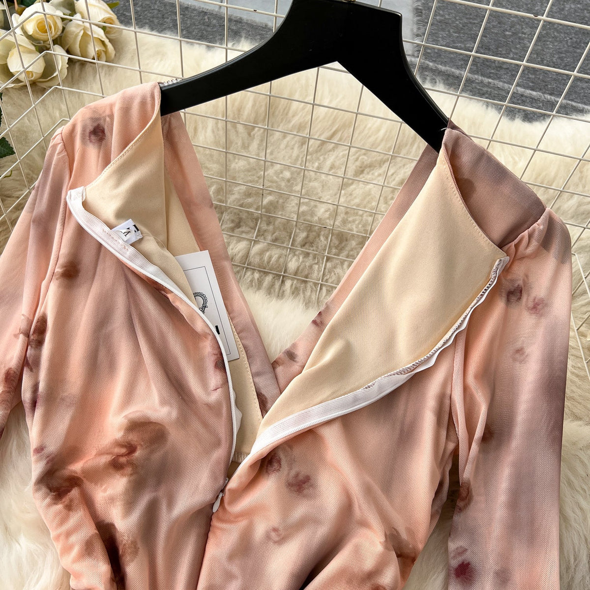 V-neck Pleated Tie-dye Printed Dress