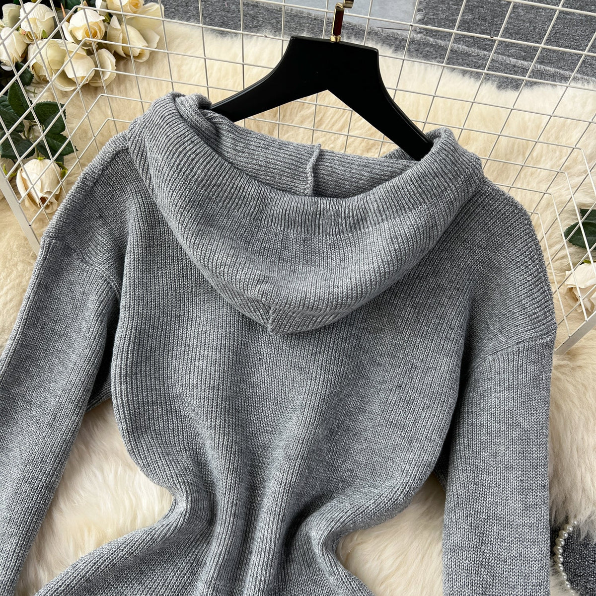 Hooded Drawstring Stretchy Knitted Dress