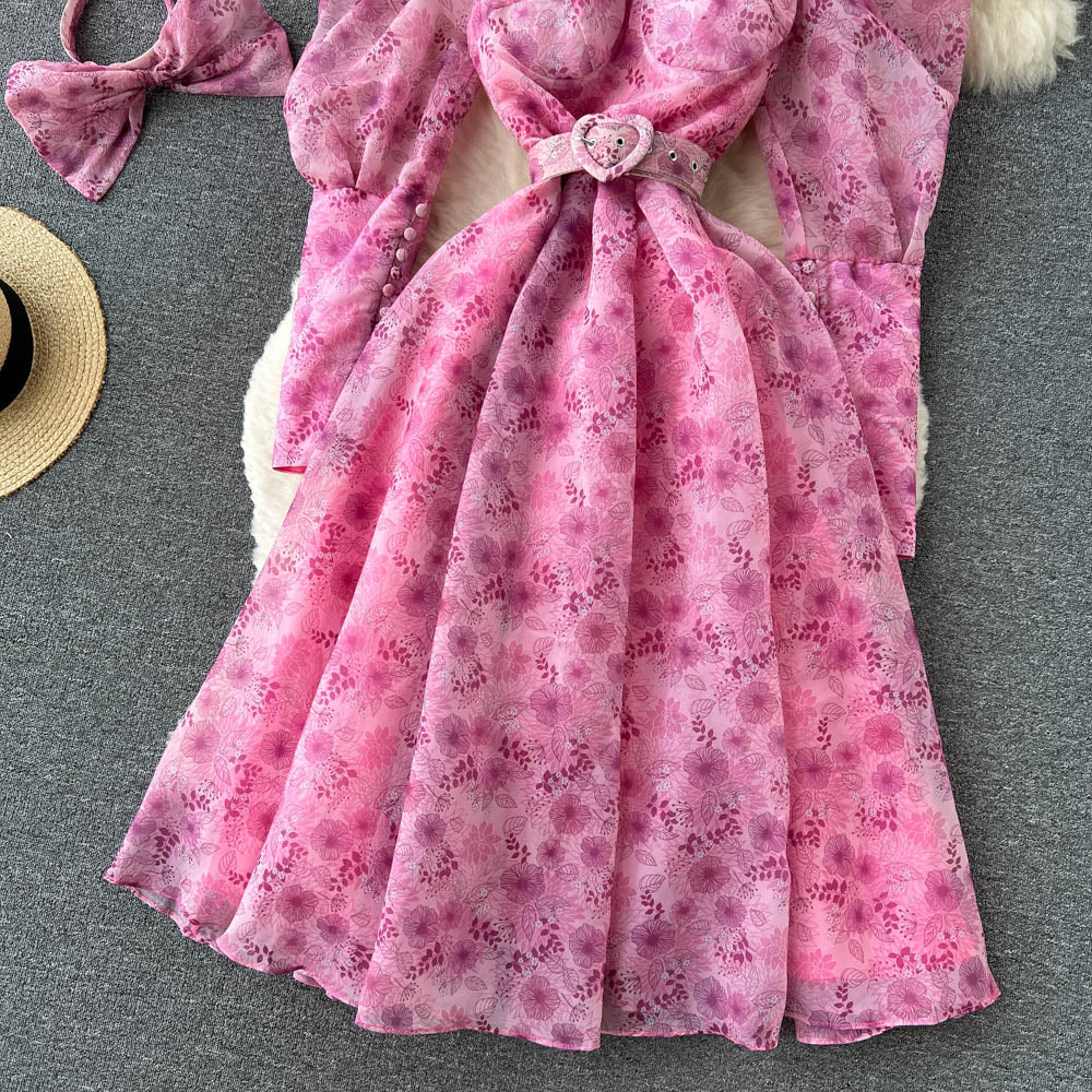 Mesh Patchwork Puff Sleeve Floral Dress
