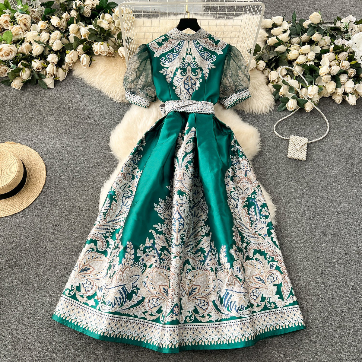 Courtly V-neck Bow Floral Dress