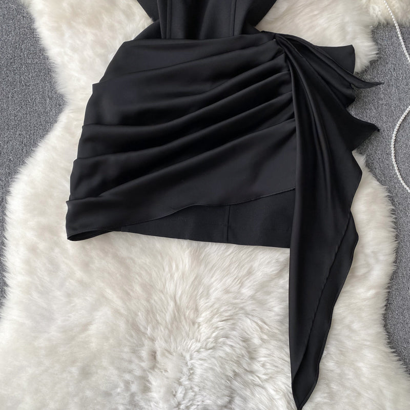 Kırışık Ruffle Siyah Elbise