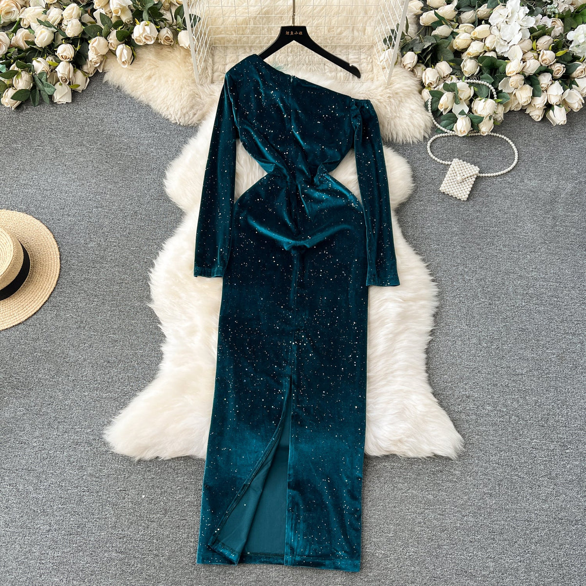 Slant Furry Neckline Suede Dress