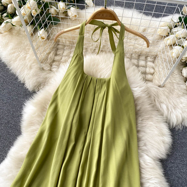 Green Round Collar Loose-fitting Halter Dress