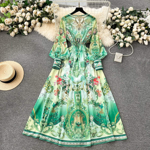 Deep V-neck Puffy Sleeve Floral Dress