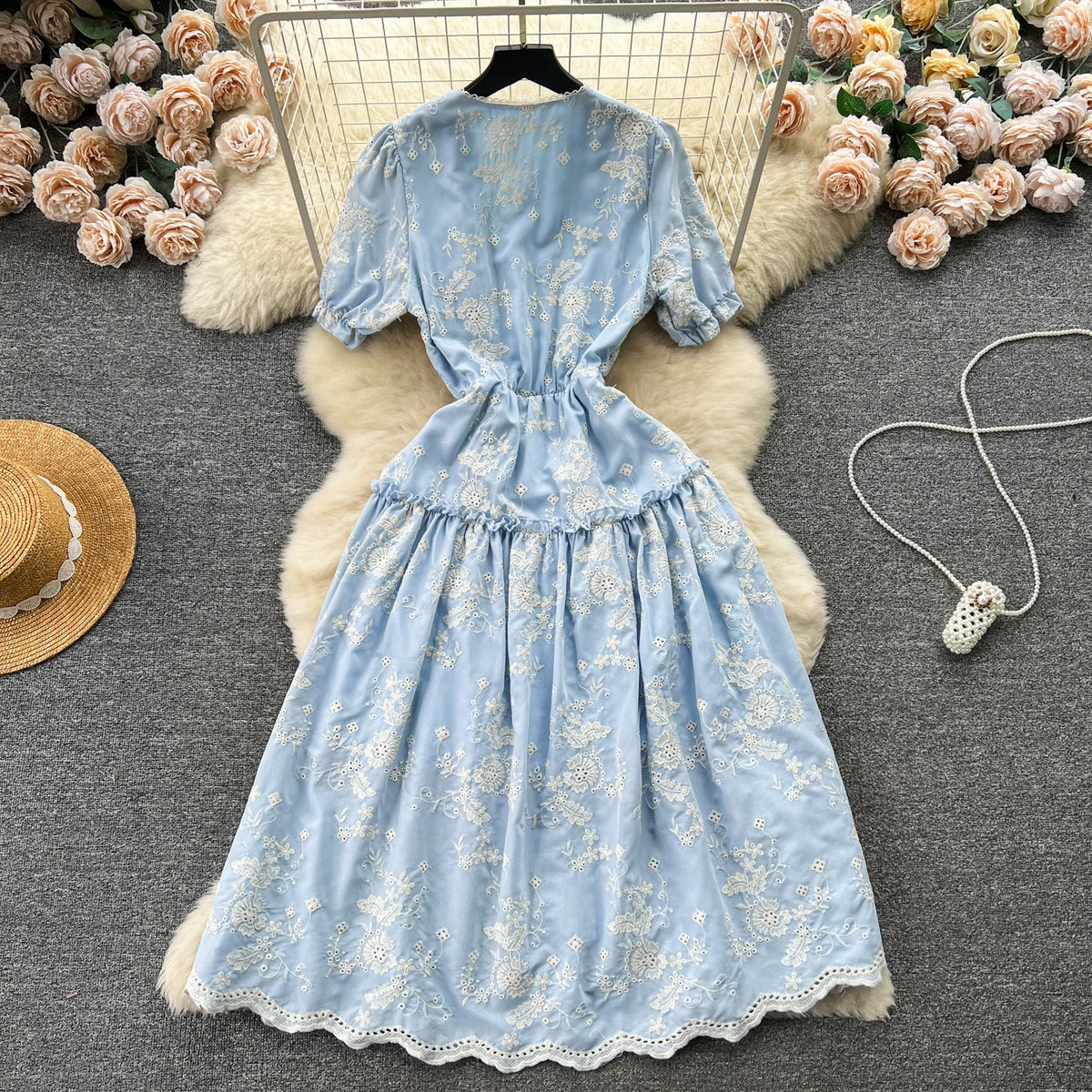 V-neck Floral Embroidered Blue Dress