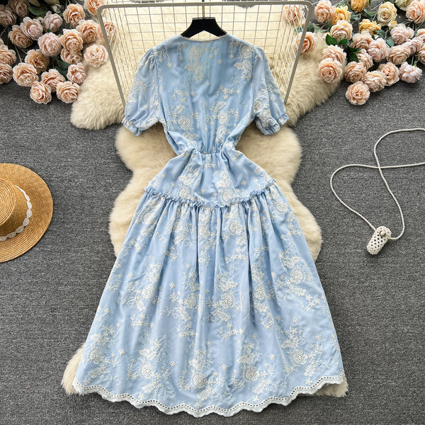 V-neck Floral Embroidered Blue Dress