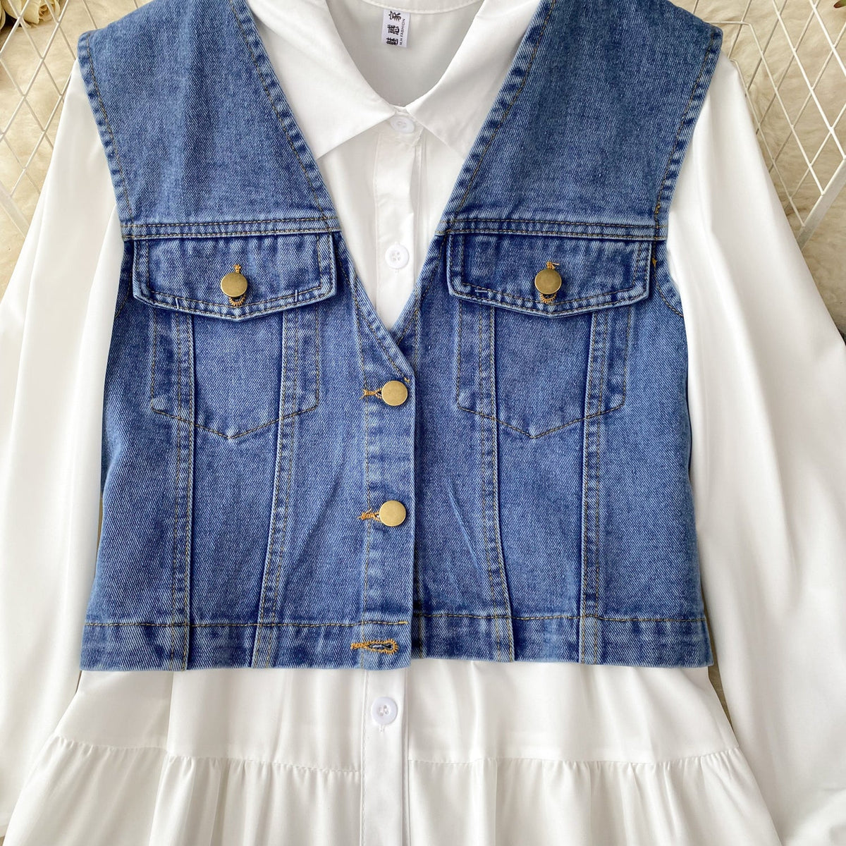 Denim Vest&White Shirt Dress 2Pcs