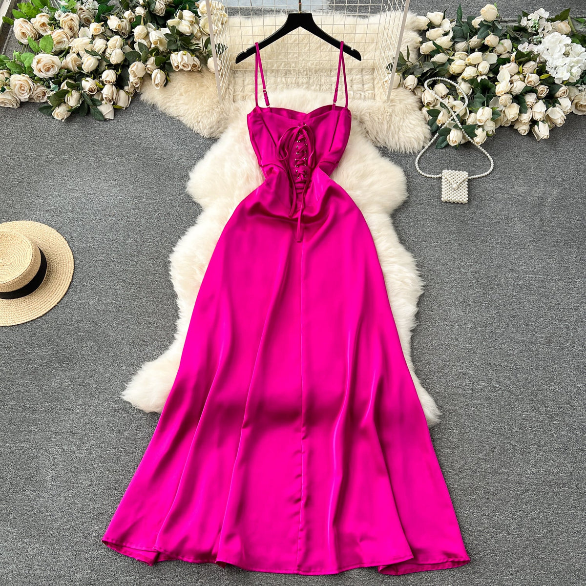 Elegant Rose Red Satin Slip Dress