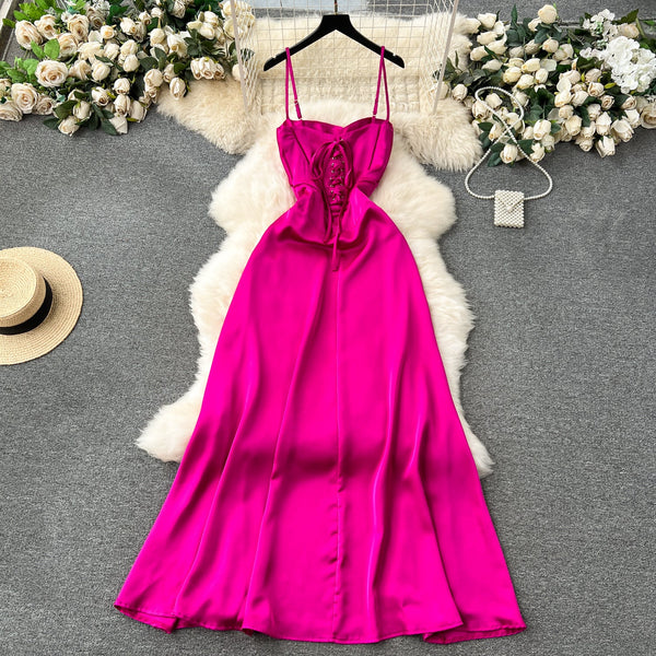 Elegant Rose Red Satin Slip Dress