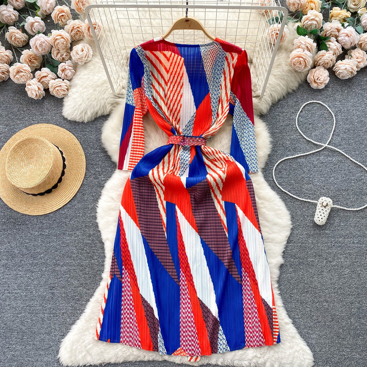 Crew Neck Lace-up Printed Dress