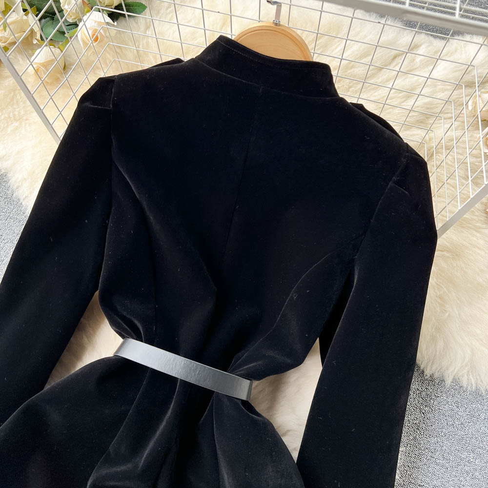 Vintage Single-breasted Black Velvet Dress