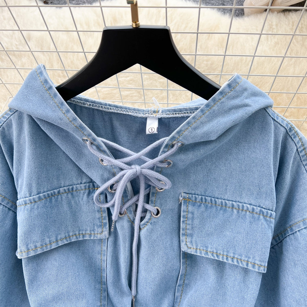 Chic Lace-up Hooded Denim Dress