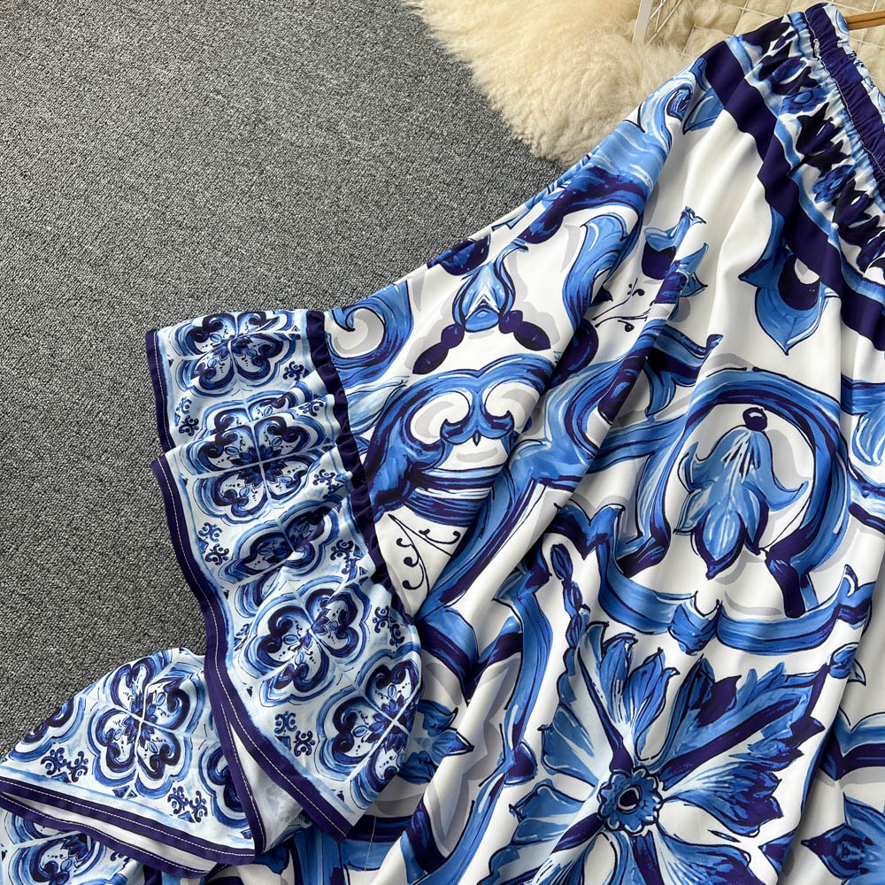 Irregular Celadon Printed One-shoulder Dress