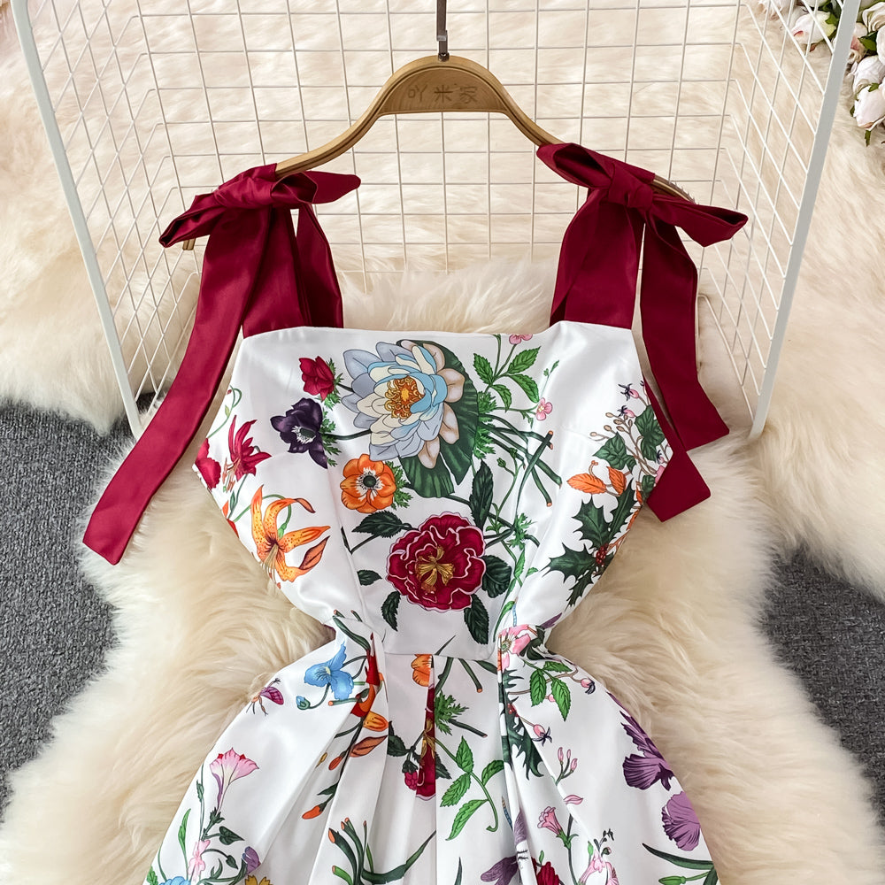 Bow-tie Lace-up Printed Floral Dress