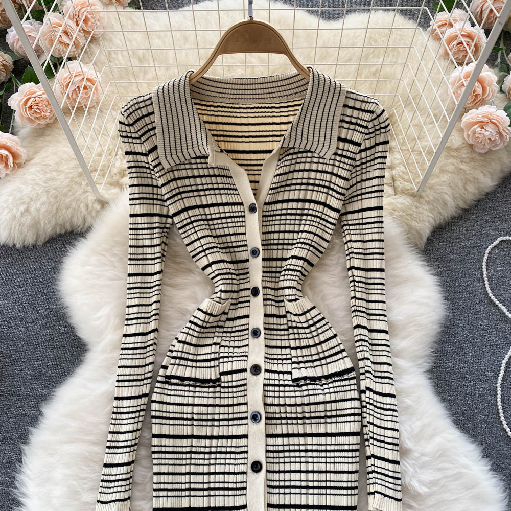 Vintage Striped Knitted Bottoming Shirt Dress