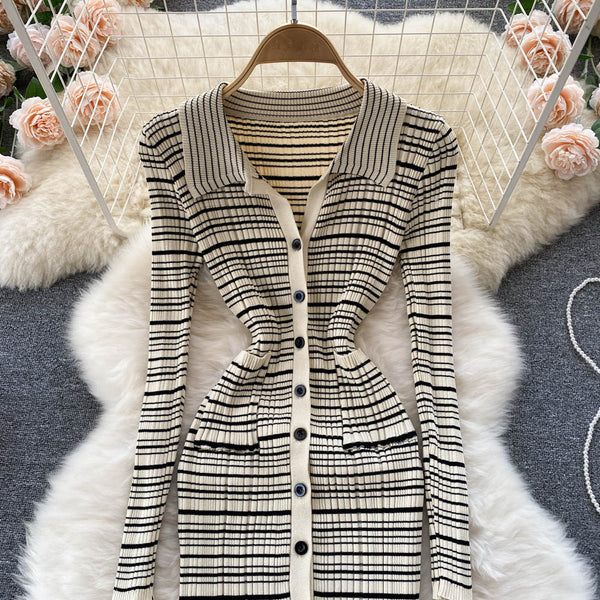 Vintage Striped Knitted Bottoming Shirt Dress