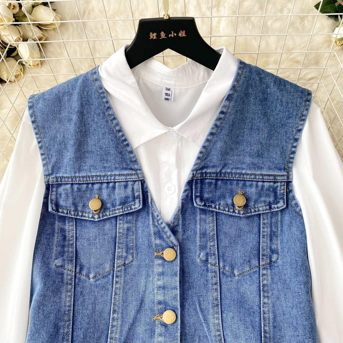 Denim Vest&White Shirt Dress 2Pcs
