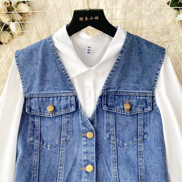 Denim Vest&White Shirt Dress 2Pcs