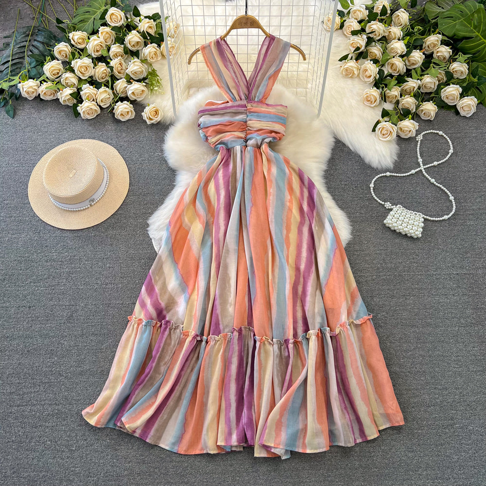 Rainbow Striped Tie-dye Halter Dress