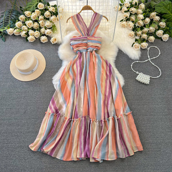Rainbow Striped Tie-dye Halter Dress