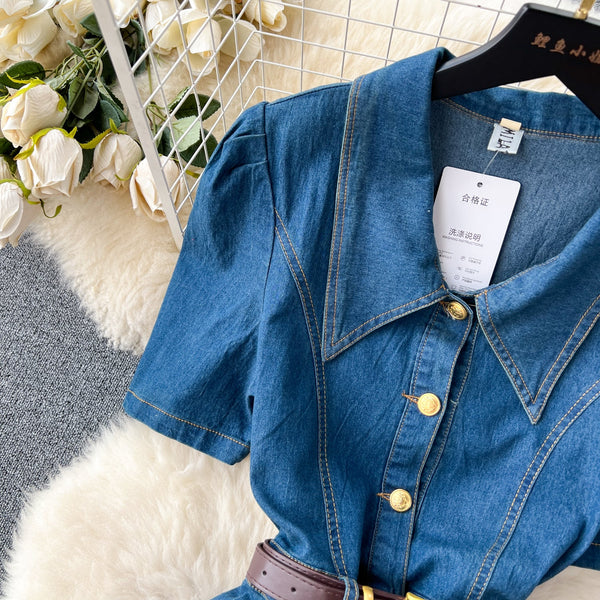 Lapel Single-breasted Denim Shirt Dress