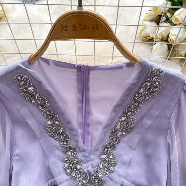 V-neck Beaded Ruffled Chiffon Dress