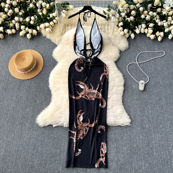 Low-cut Black Floral Halter Dress