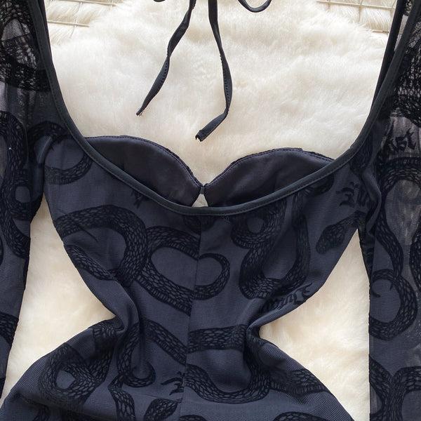 Hollowed Mesh Lace-up Black Dress