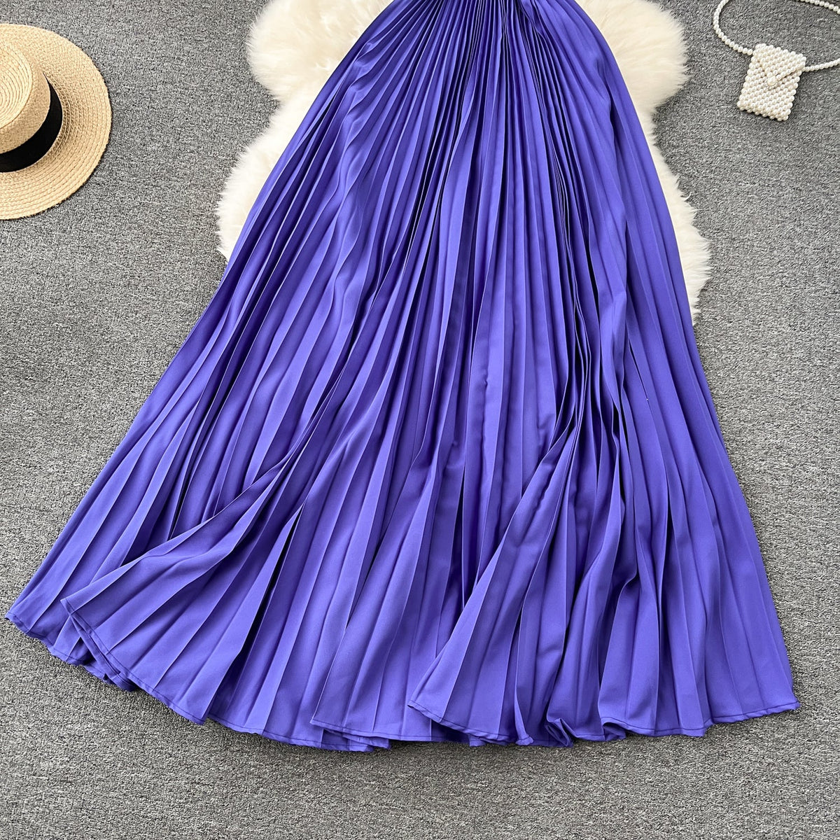 Niche Hollowed Pleated Halter Dress