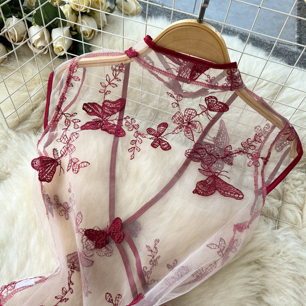 Sheer Mesh Butterfly Crochet Cheongsam Dress