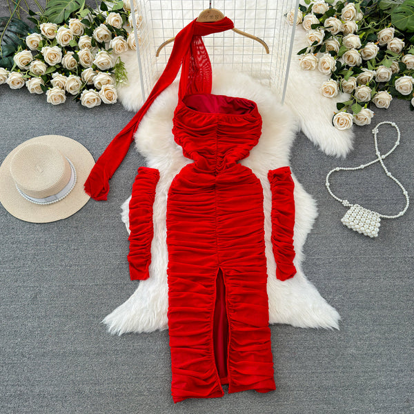 Pleated Mesh Dress with Detachable Sleeve