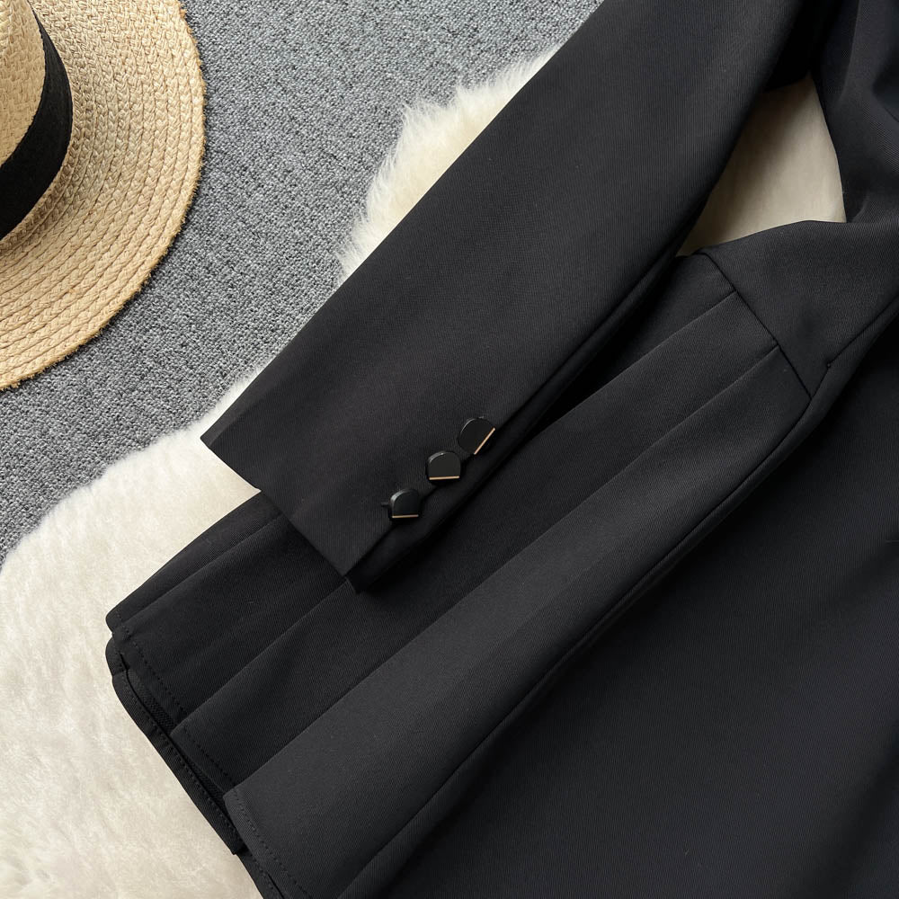 Lapeled Pleated Black Suit Dress