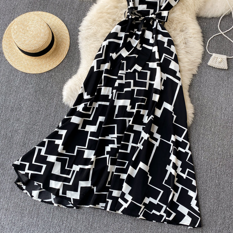 Geometric Printed Lace-up Sleeveless Dress