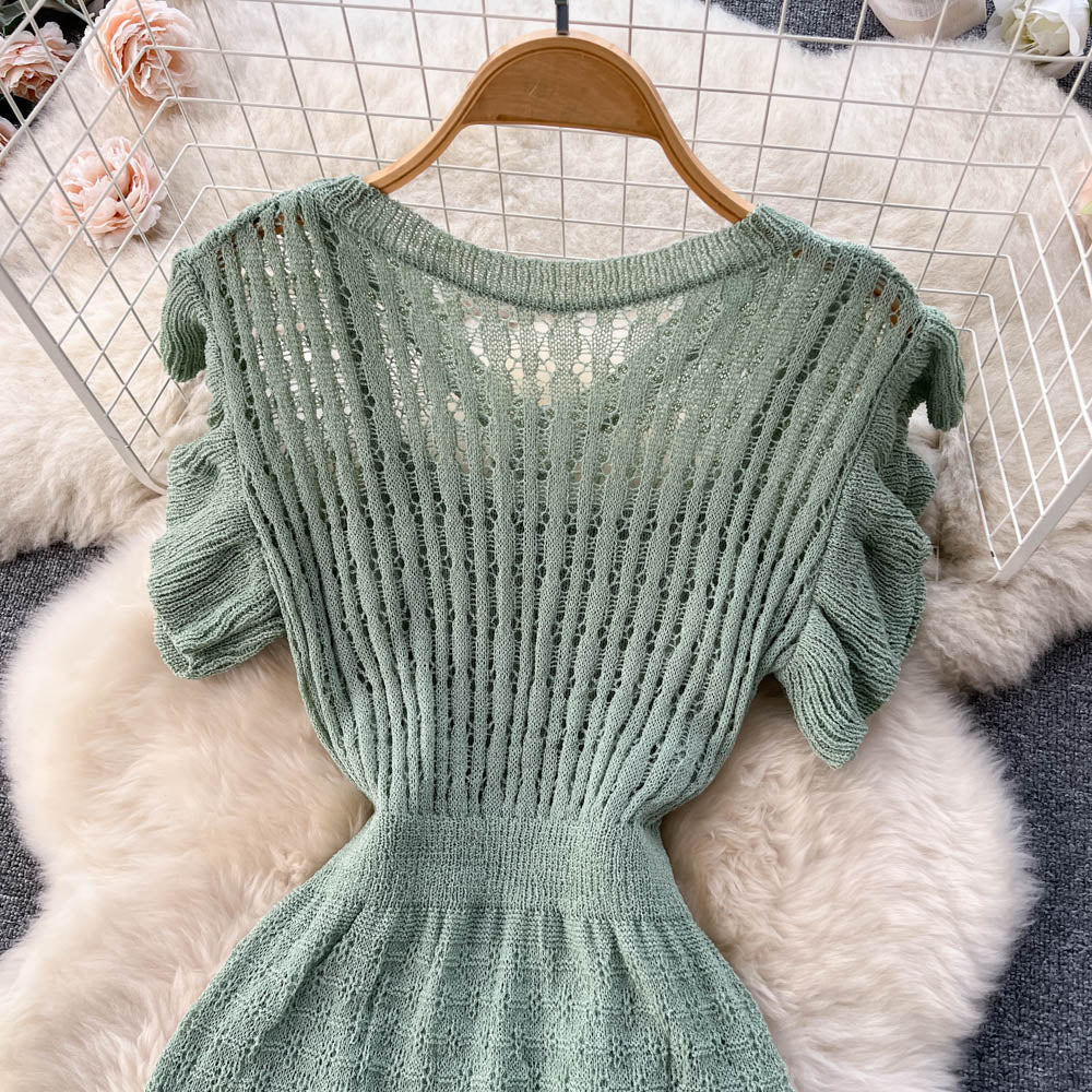 Solid Color V-neck A-line Dress