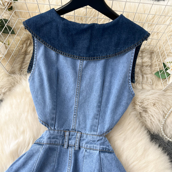 Navy Collar Sleeveless Hollowed Denim Dress