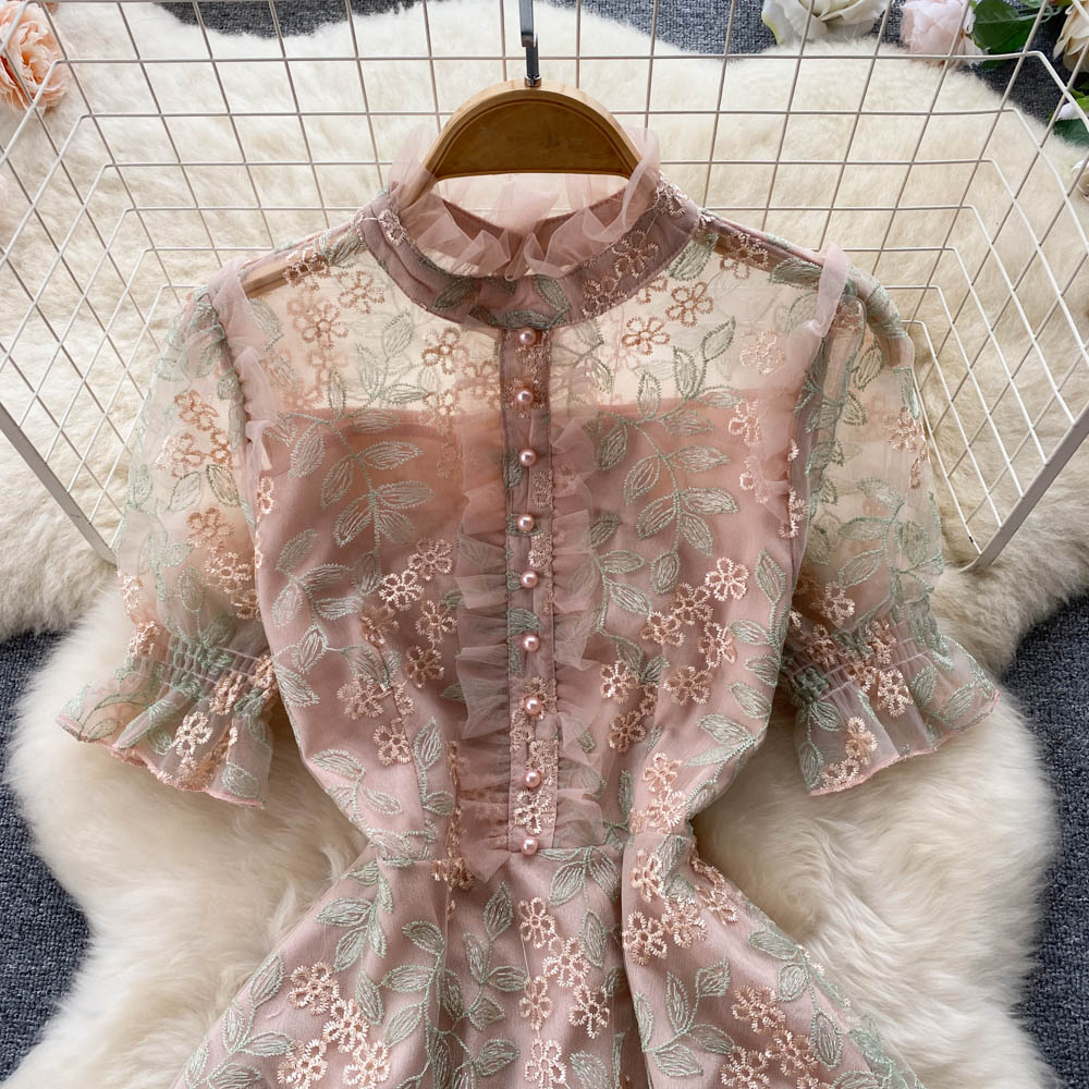 Embroidered Mesh Puff Sleeve Dress