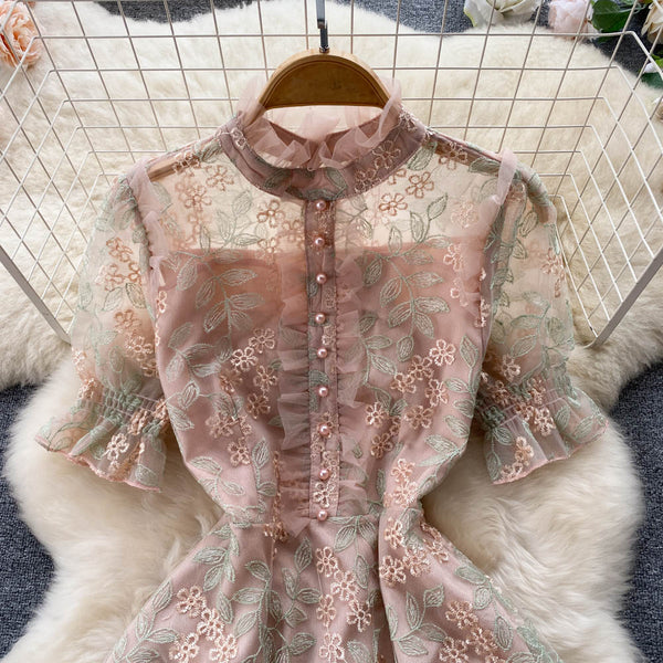 Embroidered Mesh Puff Sleeve Dress