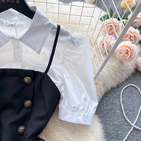 Bubble-sleeve Blouse&Halter Pleated Dress