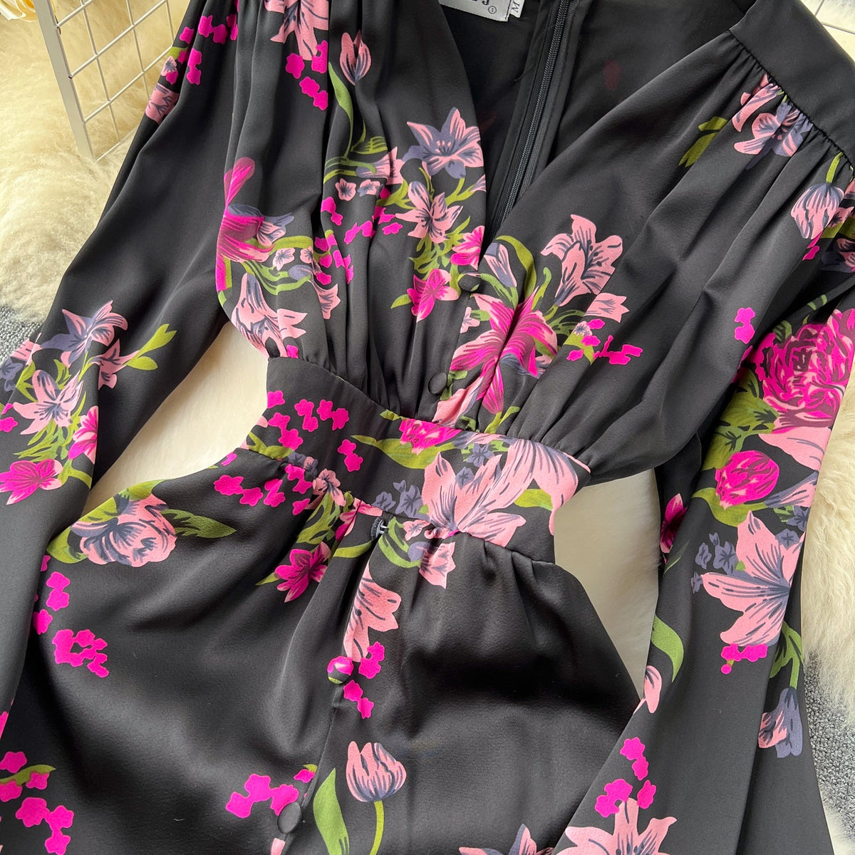 Elegant Floral Printed Black Dress