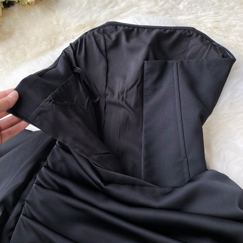 Kırışık Ruffle Siyah Elbise
