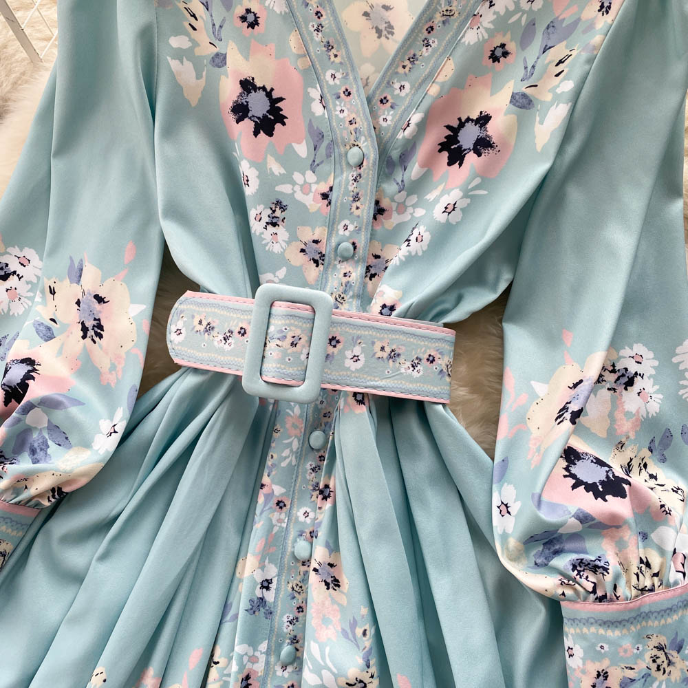 Flower Printed Long Sleeve Lace-up Dress