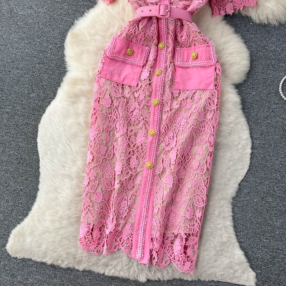 Pink Lace Embroidered Hollowed Dress