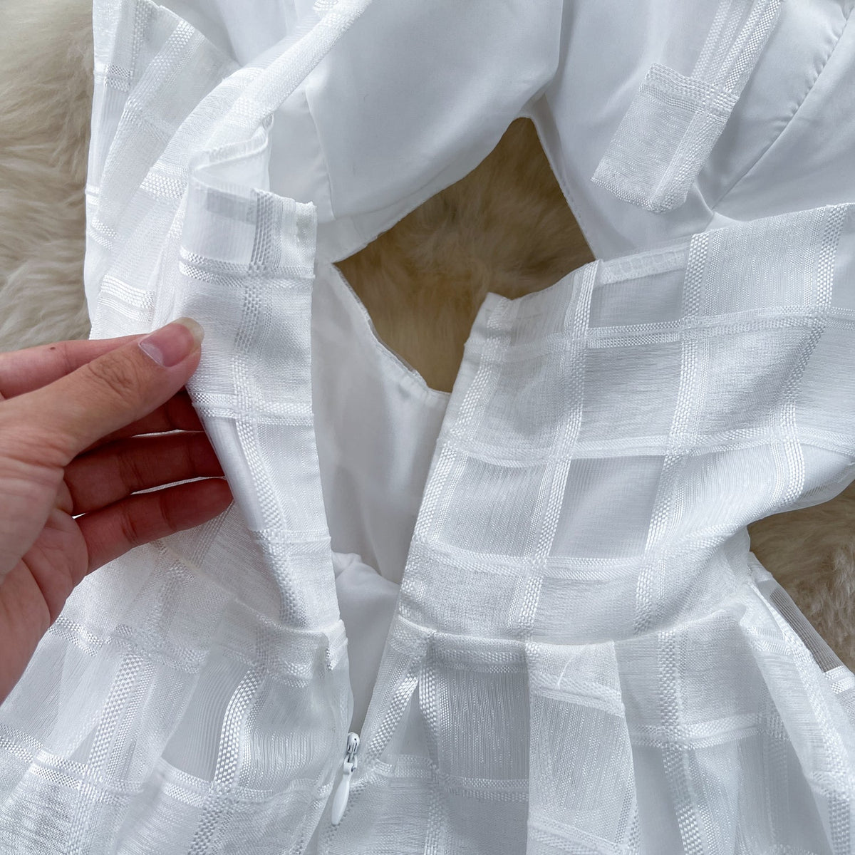 Hollowed Plaid White Halter Dress