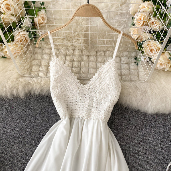 Crochet Knitted Lace-up White Slip Dress
