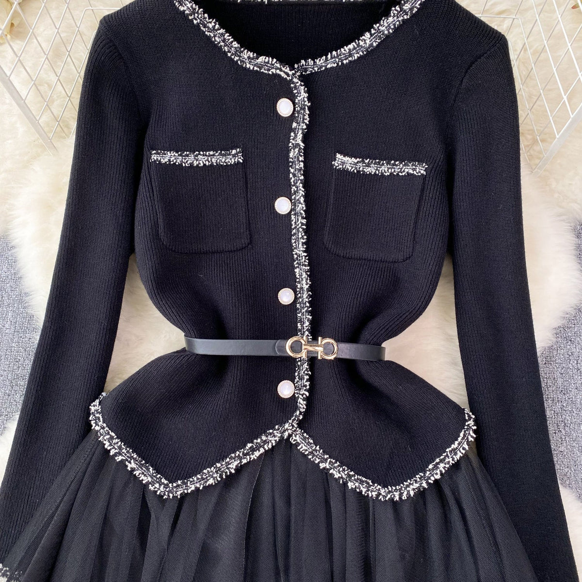 Elegant Cardigan&Slip Mesh Dress 2Pcs