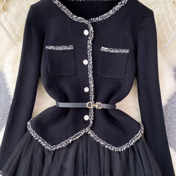 Elegant Cardigan&Slip Mesh Dress 2Pcs