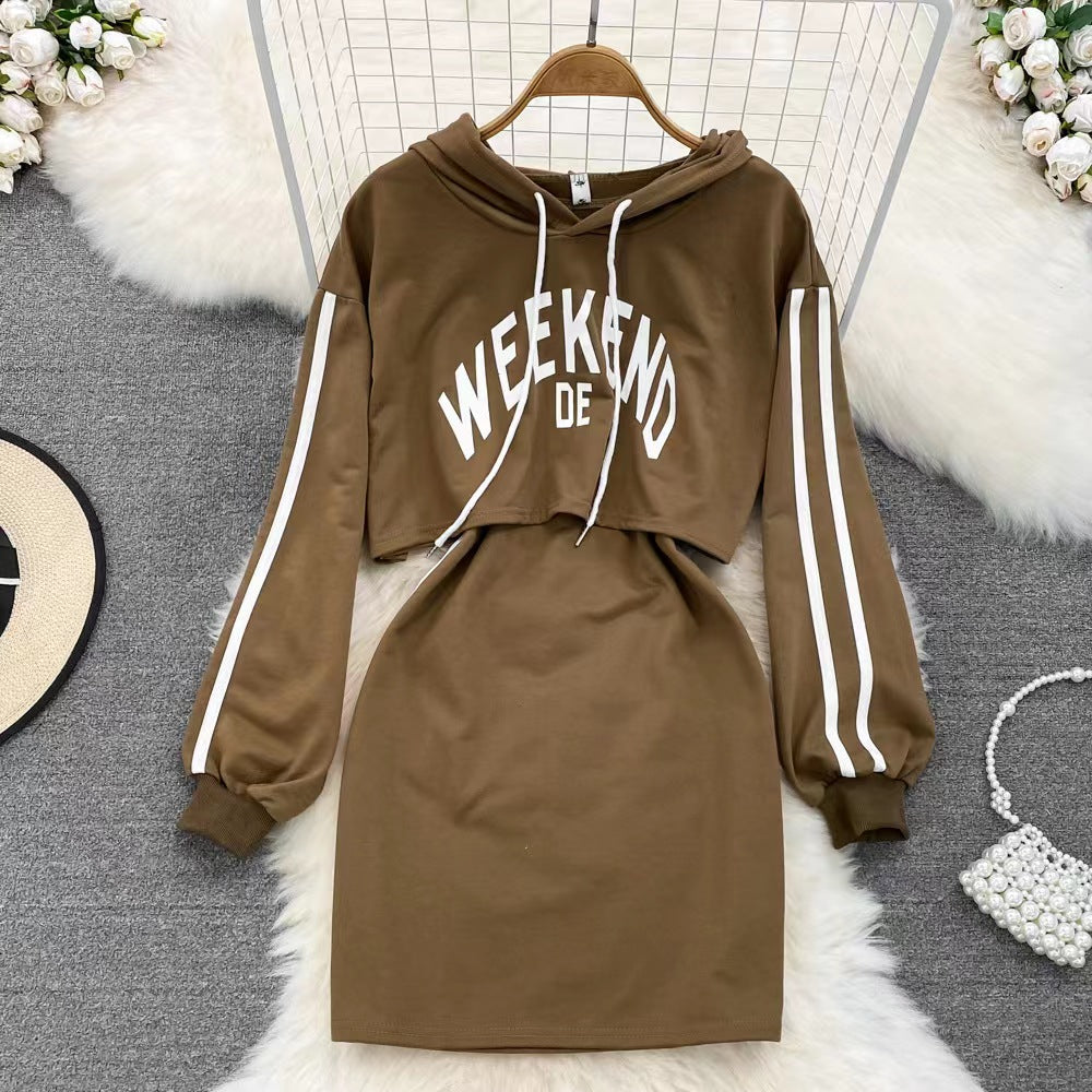 Letter Printed Hoodie&Halter Dress 2Pcs
