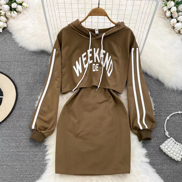 Letter Printed Hoodie&Halter Dress 2Pcs