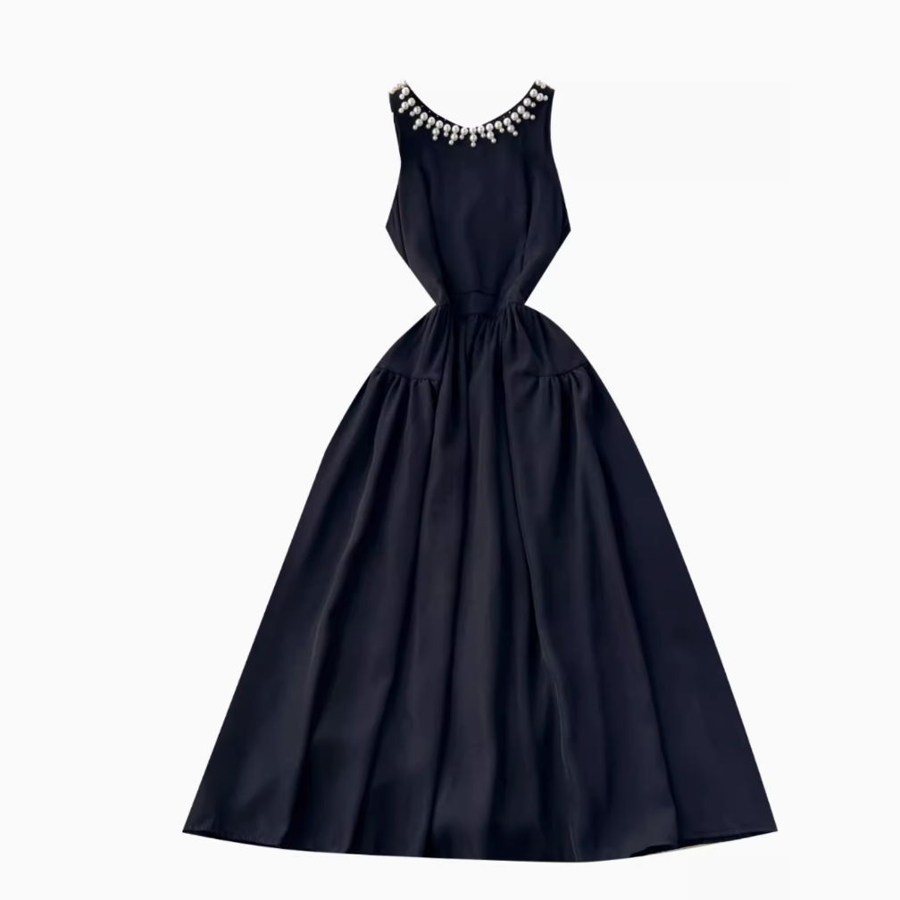 Beaded Sleeveless Halter Black Dress