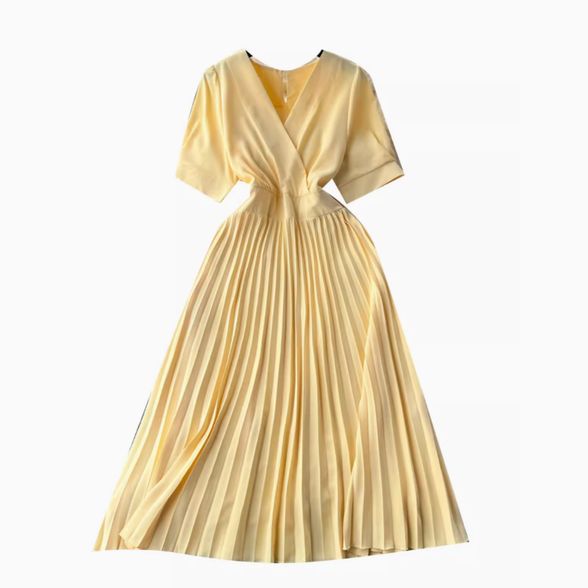 Solid Color V-neck Pleated Dress
